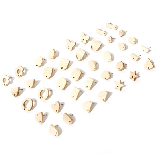 Imagen de Madera de Fresno Serie de Geometría Pendientes Blanco Crema Con Lazo 10 Unidades