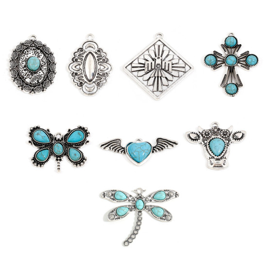 Imagen de Zamak Bohemia Colgantes Plata Antigua Con Resina Cabochons Imitación Turquesa 5 Unidades