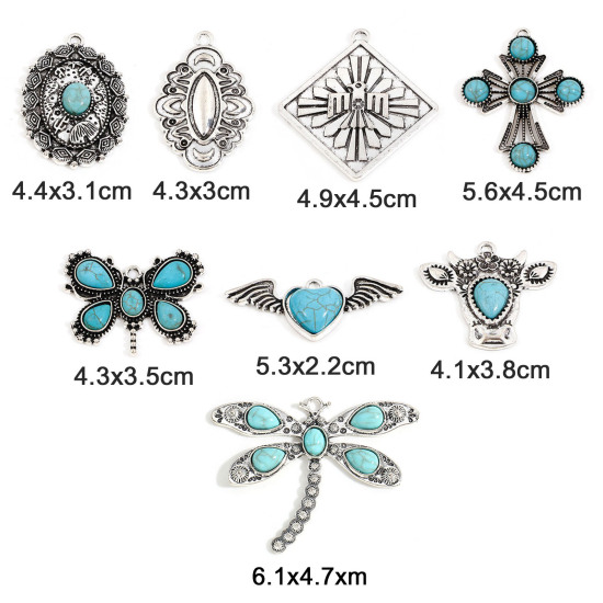 Imagen de Zamak Bohemia Colgantes Plata Antigua Con Resina Cabochons Imitación Turquesa 5 Unidades