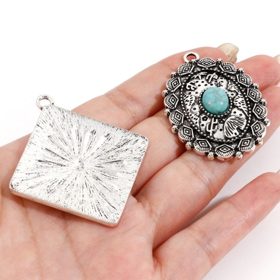 Imagen de Zamak Bohemia Colgantes Plata Antigua Con Resina Cabochons Imitación Turquesa 5 Unidades