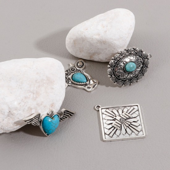 Imagen de Zamak Bohemia Colgantes Plata Antigua Con Resina Cabochons Imitación Turquesa 5 Unidades