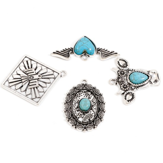 Imagen de Zamak Bohemia Colgantes Plata Antigua Con Resina Cabochons Imitación Turquesa 5 Unidades