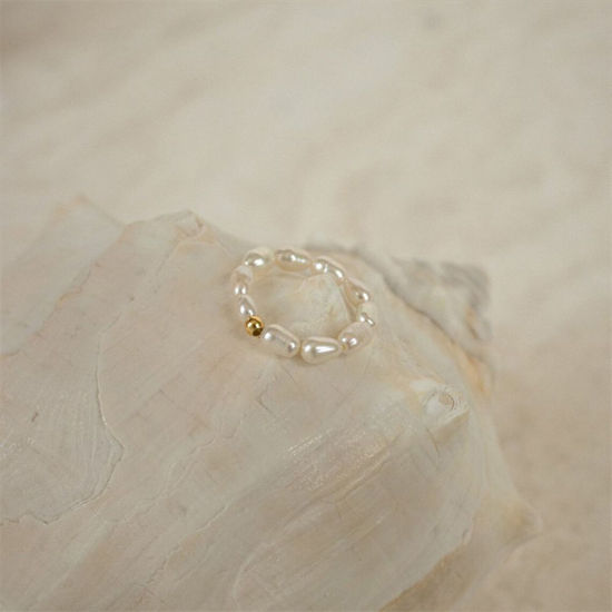 Picture of Stainless Steel & Acrylic Elegant Unadjustable Beaded Rings 14K Gold Color Elastic