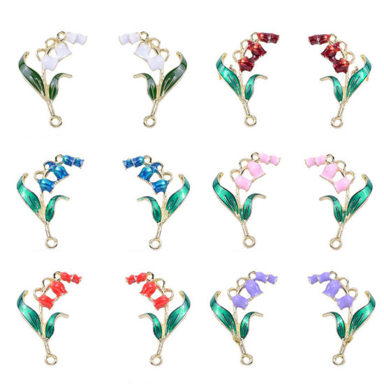 Image de Pendentifs en Alliage de Zinc Or Clair Multicolore Fleur de Muguet Feuilles de Fleur Émail 3cm x 2cm, 5 Pcs