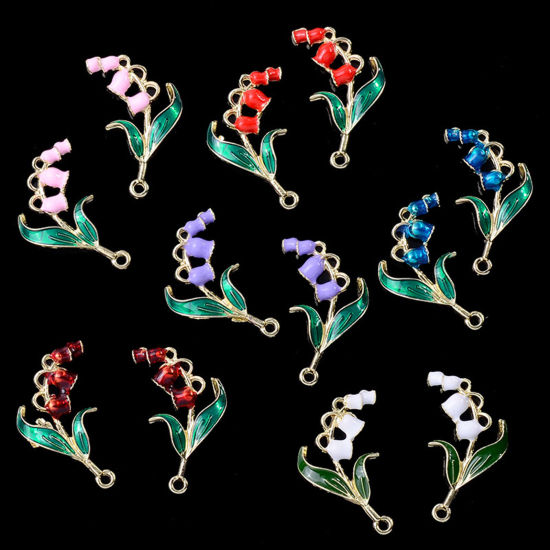 Image de Pendentifs en Alliage de Zinc Or Clair Multicolore Fleur de Muguet Feuilles de Fleur Émail 3cm x 2cm, 5 Pcs