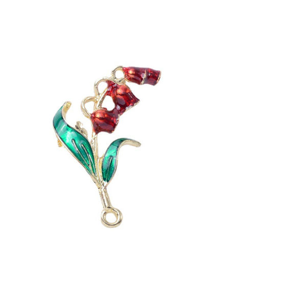 Image de Pendentifs en Alliage de Zinc Or Clair Multicolore Fleur de Muguet Feuilles de Fleur Émail 3cm x 2cm, 5 Pcs