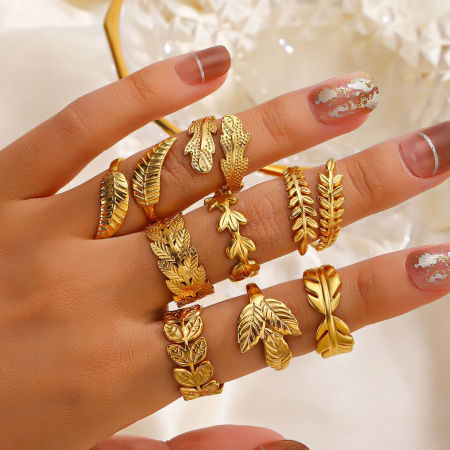 Bild von Umweltfreundliche Vakuumbeschichtung Natürliche Pastoral Retro 18K Gold plattiert 304 Edelstahl Offen Blätter Ring Für Frauen Party 1 Stück