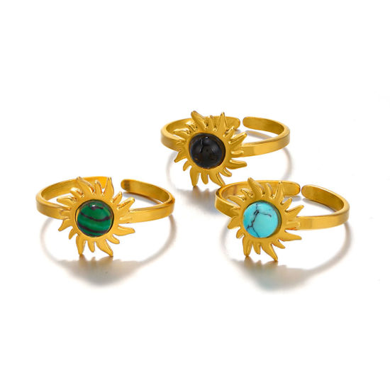 Bild von Umweltfreundliche Vakuumbeschichtung Retro Böhmischer Stil 18K Gold plattiert 304 Edelstahl & Stein Offen Rund Sonnenblume Ring Für Frauen Party 1 Stück