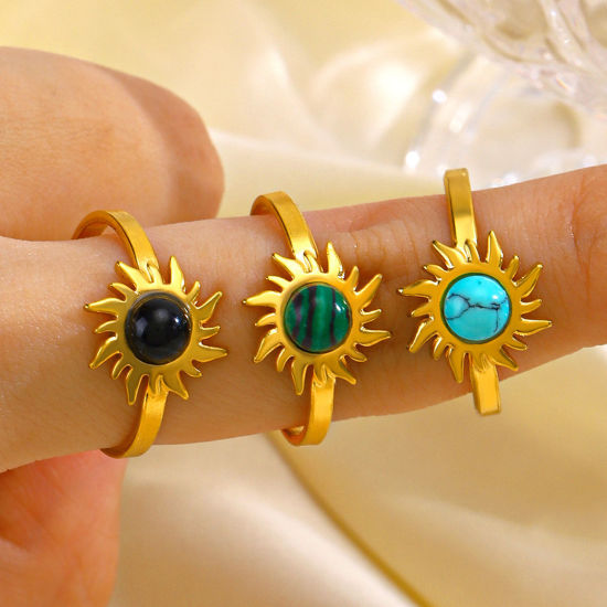 Bild von Umweltfreundliche Vakuumbeschichtung Retro Böhmischer Stil 18K Gold plattiert 304 Edelstahl & Stein Offen Rund Sonnenblume Ring Für Frauen Party 1 Stück