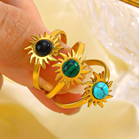Bild von Umweltfreundliche Vakuumbeschichtung Retro Böhmischer Stil 18K Gold plattiert 304 Edelstahl & Stein Offen Rund Sonnenblume Ring Für Frauen Party 1 Stück