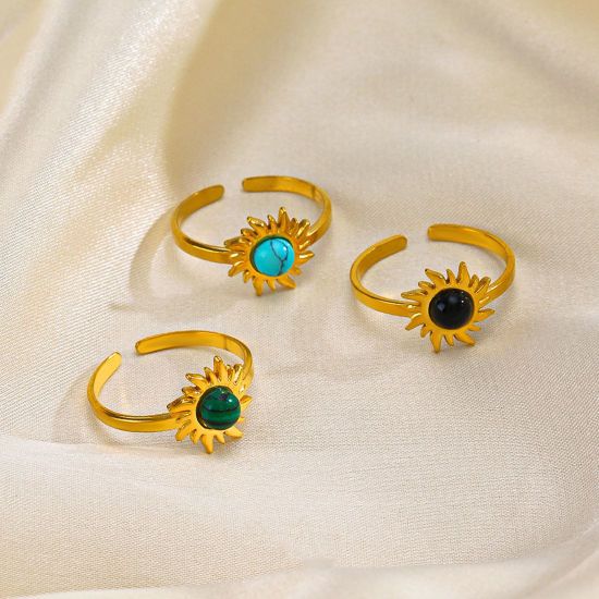 Bild von Umweltfreundliche Vakuumbeschichtung Retro Böhmischer Stil 18K Gold plattiert 304 Edelstahl & Stein Offen Rund Sonnenblume Ring Für Frauen Party 1 Stück
