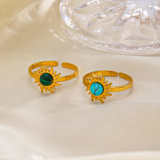 Bild von Umweltfreundliche Vakuumbeschichtung Retro Böhmischer Stil 18K Gold plattiert 304 Edelstahl & Stein Offen Rund Sonnenblume Ring Für Frauen Party 1 Stück