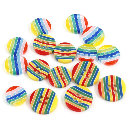 Picture of Resin Sewing Buttons Scrapbooking 4 Holes Round Stripe Multicolor