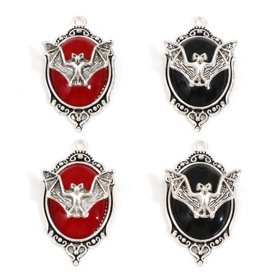 Bild von Zinklegierung Halloween Anhänger Antiksilber Spiegel Halloween Fledermaus Emaille 4.3cm x 2.4cm, 5 Stück