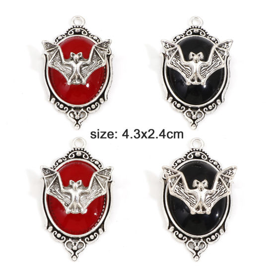 Bild von Zinklegierung Halloween Anhänger Antiksilber Spiegel Halloween Fledermaus Emaille 4.3cm x 2.4cm, 5 Stück