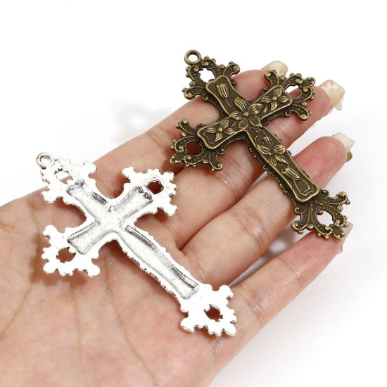 Picture of Zinc Based Alloy Religious Pendants Multicolor Cross Flower Vine 7.4cm x 5.3cm