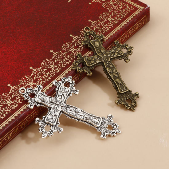 Picture of Zinc Based Alloy Religious Pendants Multicolor Cross Flower Vine 7.4cm x 5.3cm