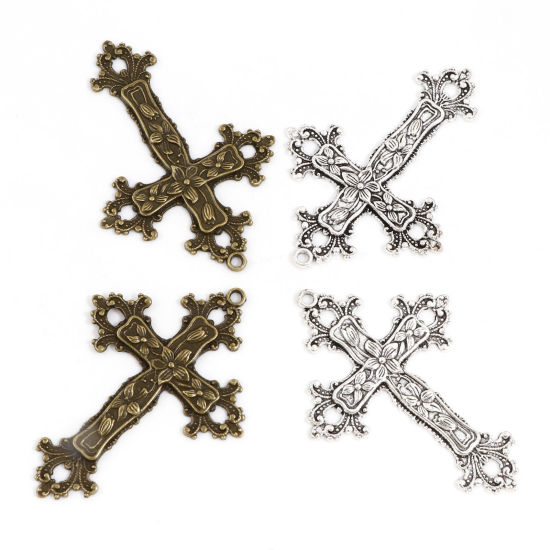 Picture of Zinc Based Alloy Religious Pendants Multicolor Cross Flower Vine 7.4cm x 5.3cm