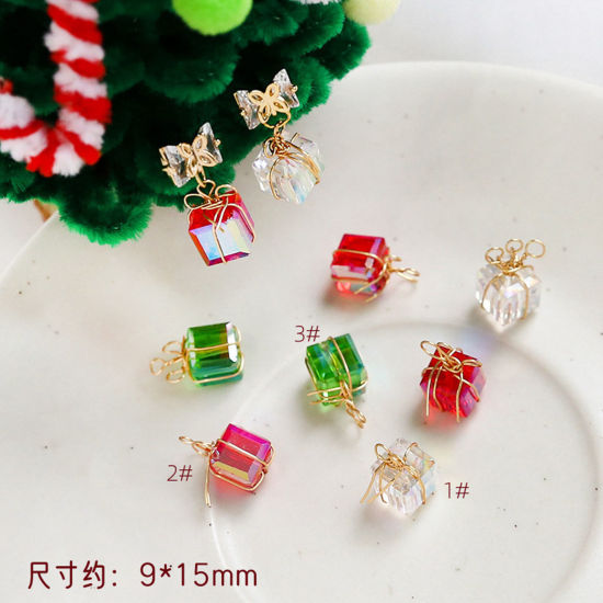Picture of Acrylic Christmas Charms Gift Box Gold Plated Multicolor AB Rainbow Color 15mm x 9mm