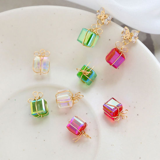 Picture of Acrylic Christmas Charms Gift Box Gold Plated Multicolor AB Rainbow Color 15mm x 9mm