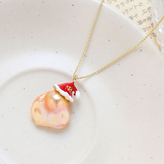 Picture of Brass Christmas Pearl Pendant Connector Bail Pin Cap 18K Gold Plated Red Christmas Hats Enamel