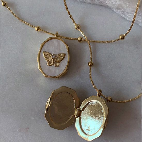 Immagine di Placcatura Sottovuoto Ecologica Retrò Picture Photo Frame Locket 14k Vero Oro Placcato Rame Catena a Pallini Ovale Farfalla Possibile Aprire Collana con Ciondolo Per Donne 1 Pz