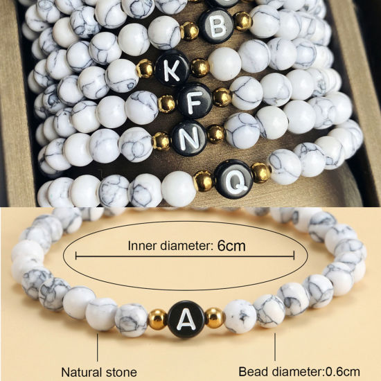 Picture of Howlite & Acrylic Simple Dainty Bracelets Delicate Bracelets Beaded Bracelet Black & White Elastic Message " A-Z "