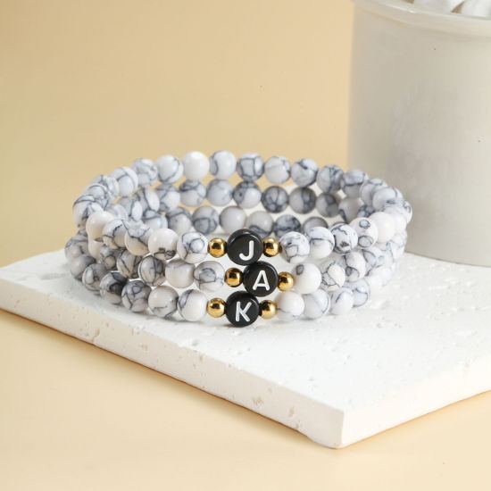 Picture of Howlite & Acrylic Simple Dainty Bracelets Delicate Bracelets Beaded Bracelet Black & White Elastic Message " A-Z "