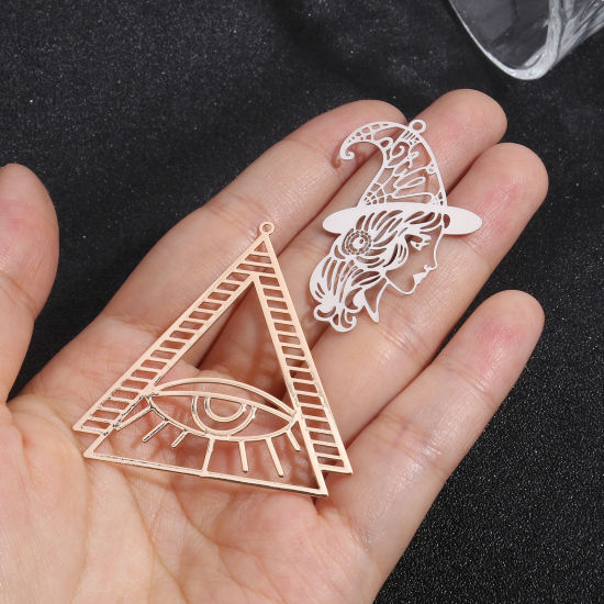 Picture of Iron Based Alloy Filigree Stamping Pendants Multicolor Half Moon Lotus Flower Hollow