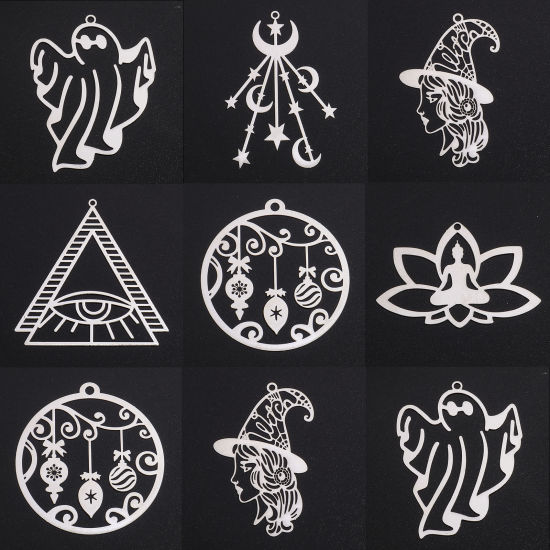 Picture of Iron Based Alloy Filigree Stamping Pendants Multicolor Half Moon Lotus Flower Hollow