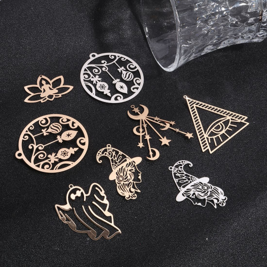 Picture of Iron Based Alloy Filigree Stamping Pendants Multicolor Half Moon Lotus Flower Hollow