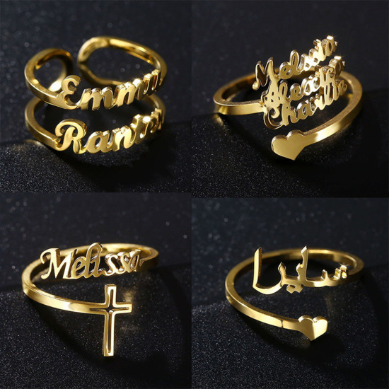 Picture of Stainless Steel Customized Name Personalized Letter Open Adjustable Rings Gold Plated