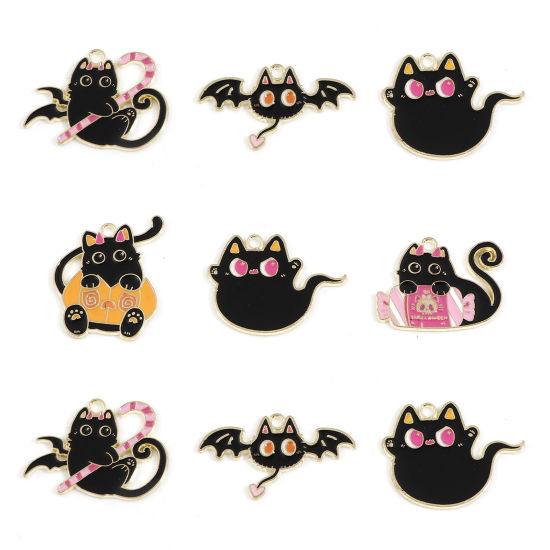 Bild von Zinklegierung Halloween Anhänger Vergoldet Schwarz Katze Emaille 10 Stück