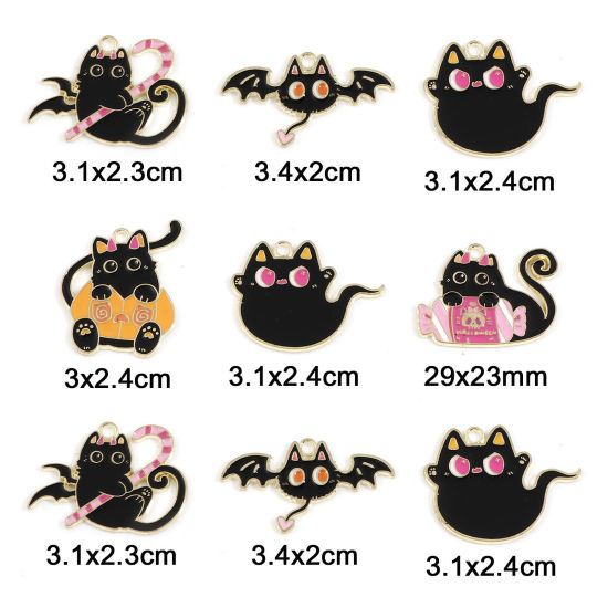Bild von Zinklegierung Halloween Anhänger Vergoldet Schwarz Katze Emaille 10 Stück