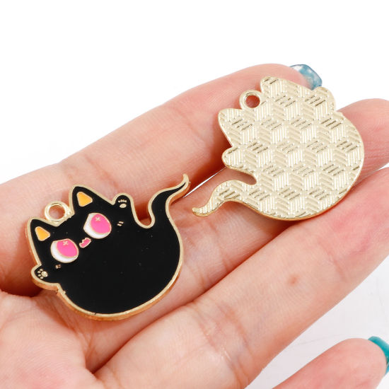 Bild von Zinklegierung Halloween Anhänger Vergoldet Schwarz Katze Emaille 10 Stück