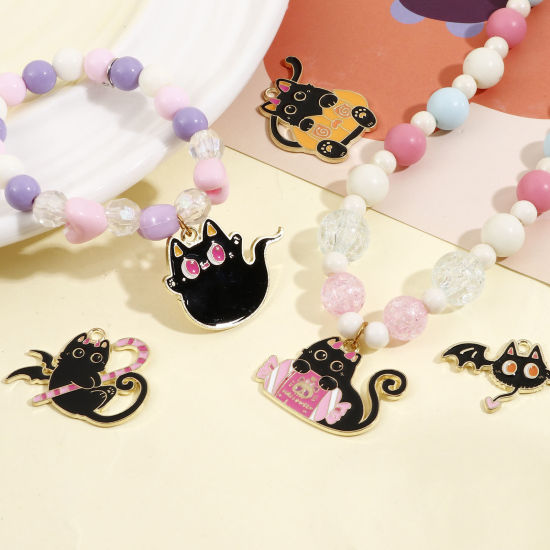 Bild von Zinklegierung Halloween Anhänger Vergoldet Schwarz Katze Emaille 10 Stück