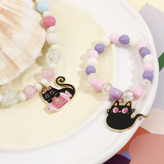 Bild von Zinklegierung Halloween Anhänger Vergoldet Schwarz Katze Emaille 10 Stück