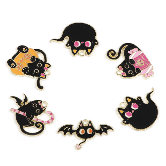 Bild von Zinklegierung Halloween Anhänger Vergoldet Schwarz Katze Emaille 10 Stück