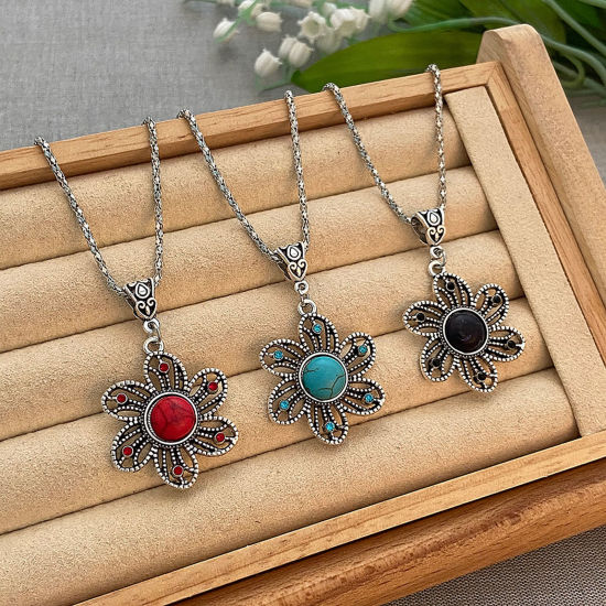 Picture of Boho Chic Bohemia Jewelry Necklace Earrings Set Antique Silver Color Multicolor Sunflower Hollow