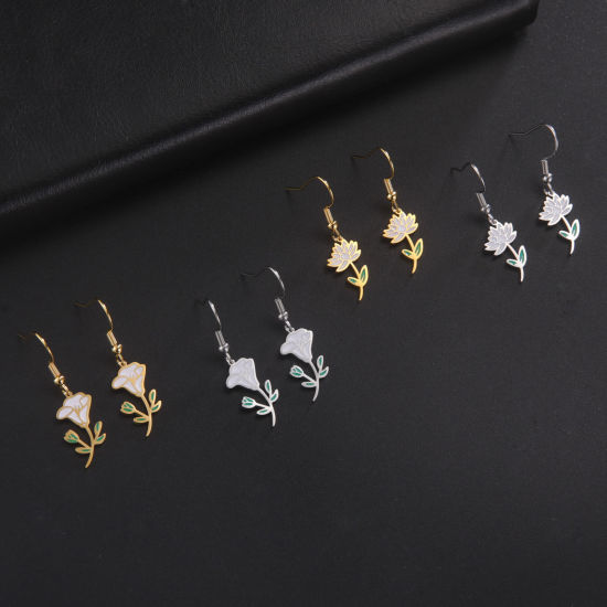 Picture of 304 Stainless Steel Birth Month Flower Earrings Enamel