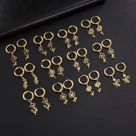 Picture of 304 Stainless Steel Birth Month Flower Earrings Hollow