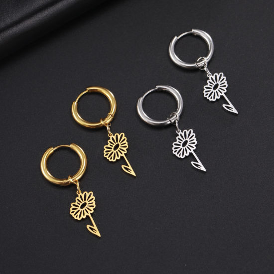 Picture of 304 Stainless Steel Birth Month Flower Earrings Hollow