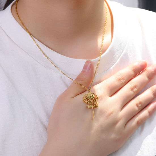 304ステンレス鋼 誕生花 ネックレス 金メッキ 透かし 38cm長さ、 1 本 の画像