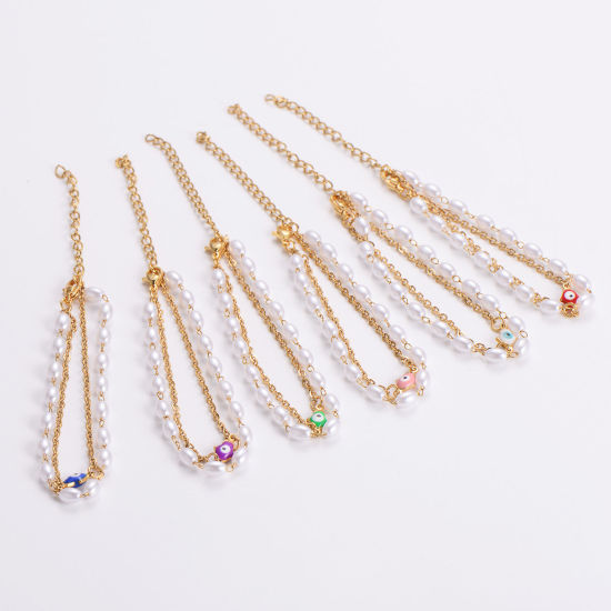 Immagine di 304 Acciaio Inossidabile Catena a Maglia Fatta a Mano Bracciale Multistrato a Strati Oro Placcato Malocchio Imitata Perla 16cm Lunghezza, 1 Pz