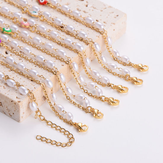 Immagine di 304 Acciaio Inossidabile Catena a Maglia Fatta a Mano Bracciale Multistrato a Strati Oro Placcato Malocchio Imitata Perla 16cm Lunghezza, 1 Pz