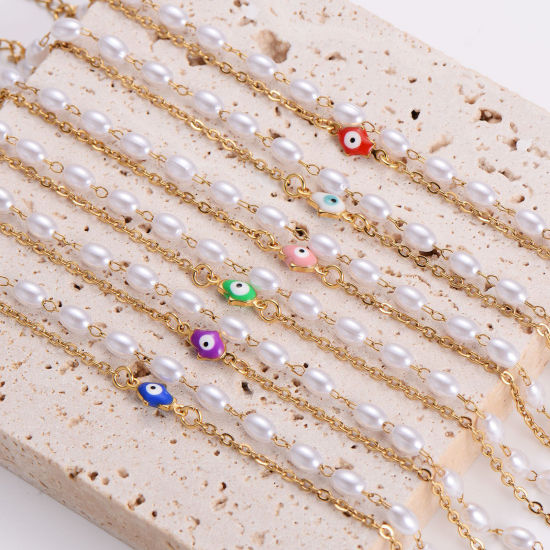 Immagine di 304 Acciaio Inossidabile Catena a Maglia Fatta a Mano Bracciale Multistrato a Strati Oro Placcato Malocchio Imitata Perla 16cm Lunghezza, 1 Pz