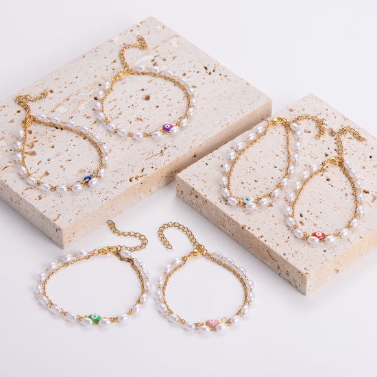 Immagine di 304 Acciaio Inossidabile Catena a Maglia Fatta a Mano Bracciale Multistrato a Strati Oro Placcato Malocchio Imitata Perla 16cm Lunghezza, 1 Pz