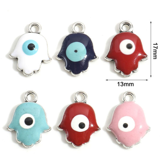 Picture of Zinc Based Alloy Religious Charms Antique Silver Color Multicolor Hamsa Symbol Hand Evil Eye Enamel 17mm x 13mm