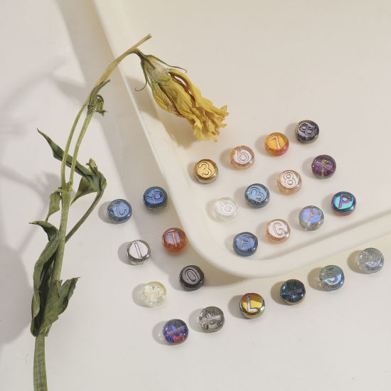 Image de Perles pour DIY Fabrication de Bijoux de Charme en Verre Plat-Rond Couleur Mélangée Au Hasard Chiffres Env. 10mm Dia, 50 Pcs