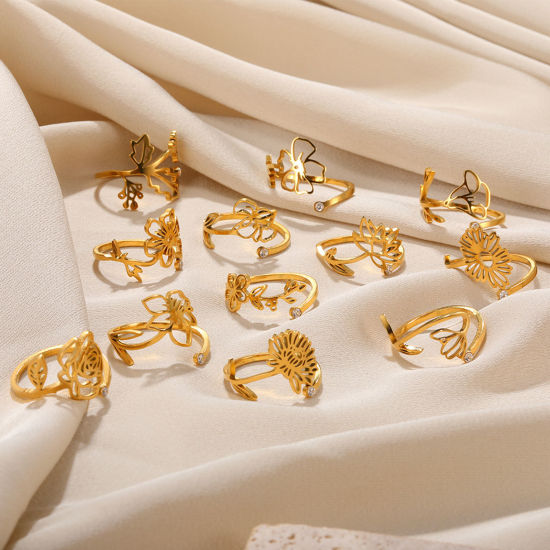 Imagen de Enchapado al Vacío Ecológico Dulce & Lindo Flor del Mes de Nacimiento Chapado en Oro de 18K 304 Acero Inoxidable Abierto Ajustable Flor Hueco Anillos Para Mujeres Cumpleaños 1 Unidad